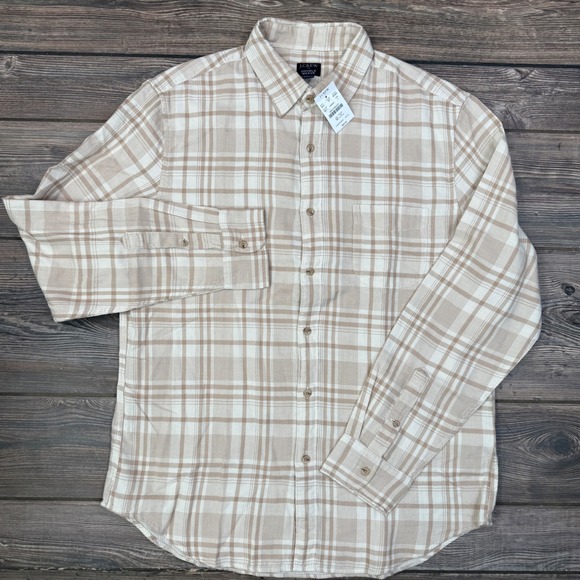 J.Crew Mens Double Weave Plaid Shirt Size Large Tan Cream Plaid BR884 NWT - Picture 2 of 8